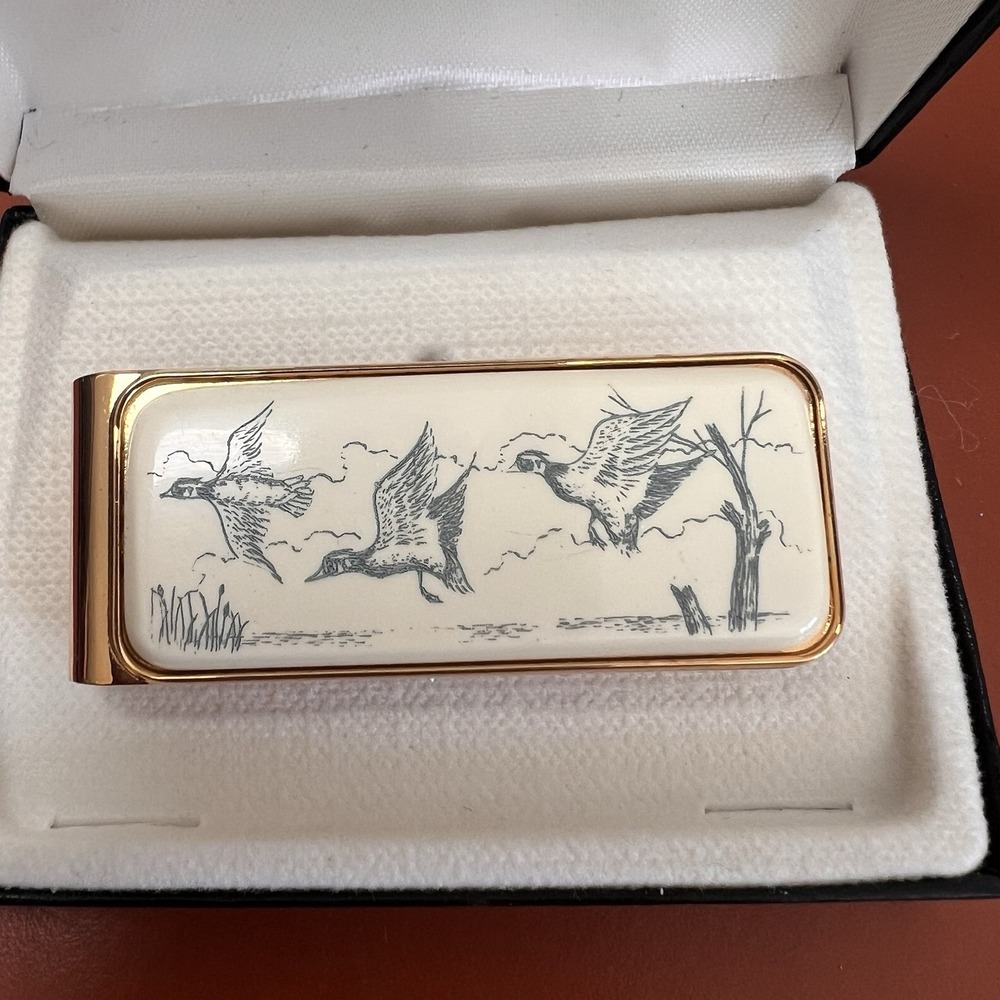 Vintage Gold tone enamel Bird Duck Money Clip Old stock New